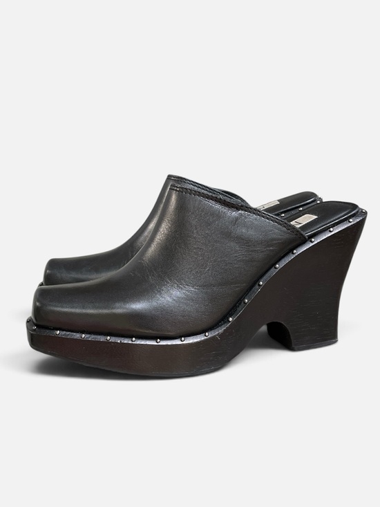 MIA Shoes - VINTAGE MIA Black Leather Square Toe Studded Wedge Clog/Mule - Size 8